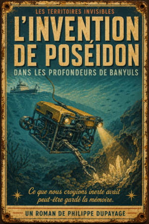 Plaque métal L’Invention de Poséidon — machine sous-marine à Banyuls
