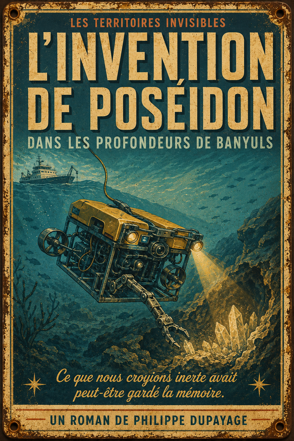 Plaque métal L’Invention de Poséidon — machine sous-marine à Banyuls