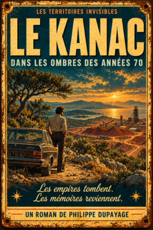 Plaque métal Le KANAC — route, Peugeot 504 et paysage des années 1970