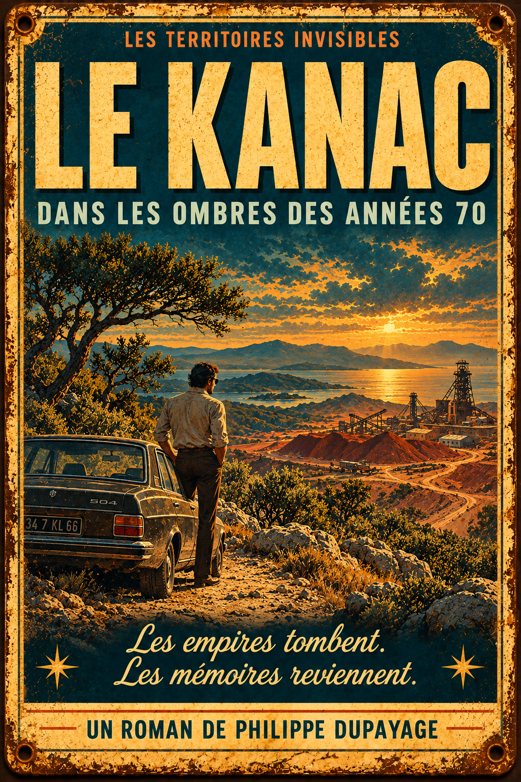 Plaque métal Le KANAC — route, Peugeot 504 et paysage des années 1970