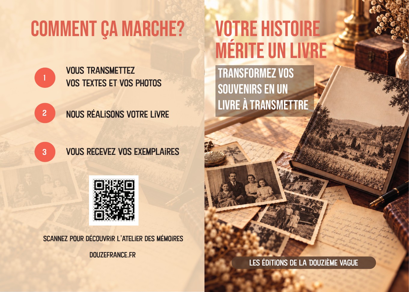 Recto du dépliant L’Atelier des mémoires — Micro-édition DouzeFrance