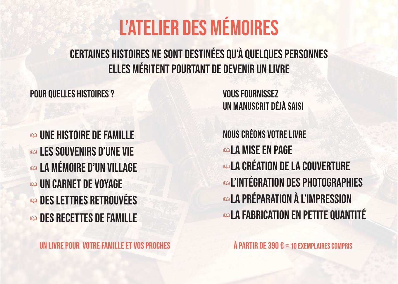 Verso du dépliant L’Atelier des mémoires — Micro-édition DouzeFrance
