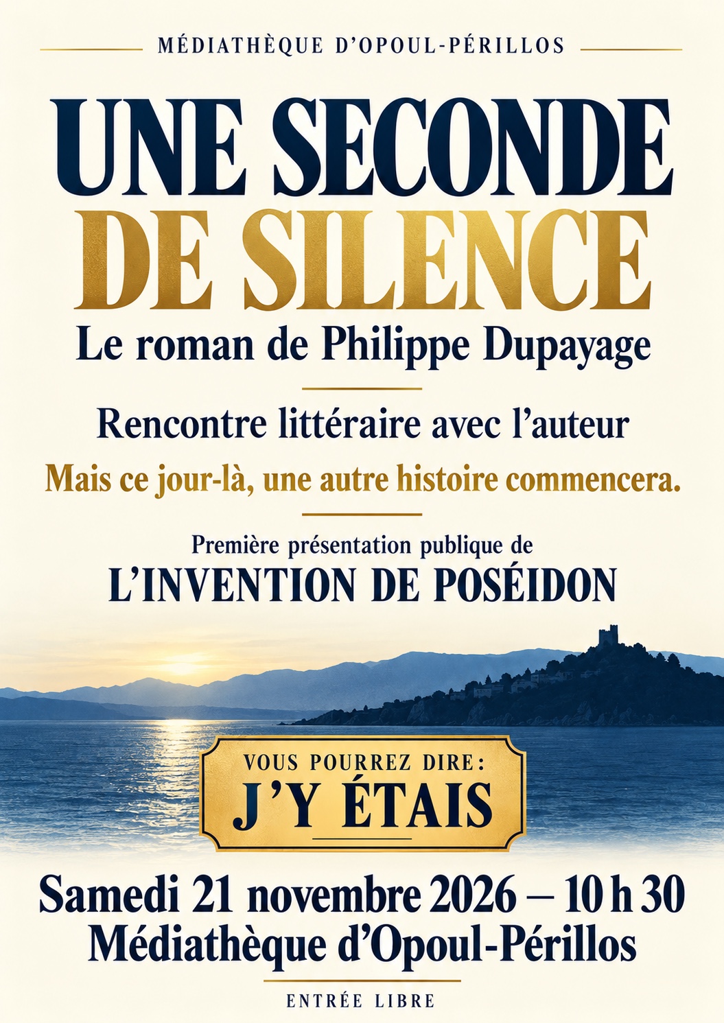 Affiche littéraire Une seconde de silence et première présentation de L’Invention de Poséidon le 21 novembre 2026 à Opoul-Périllos