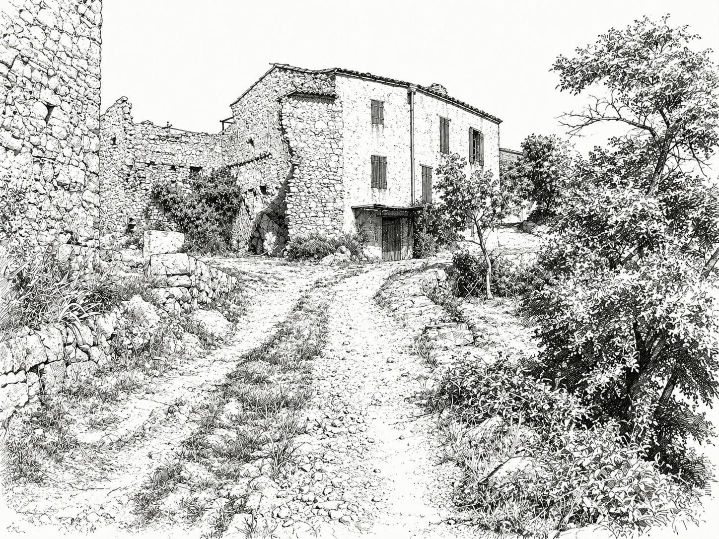 Dessin en noir et blanc d’un chemin et de maisons en pierre à Opoul-Périllos