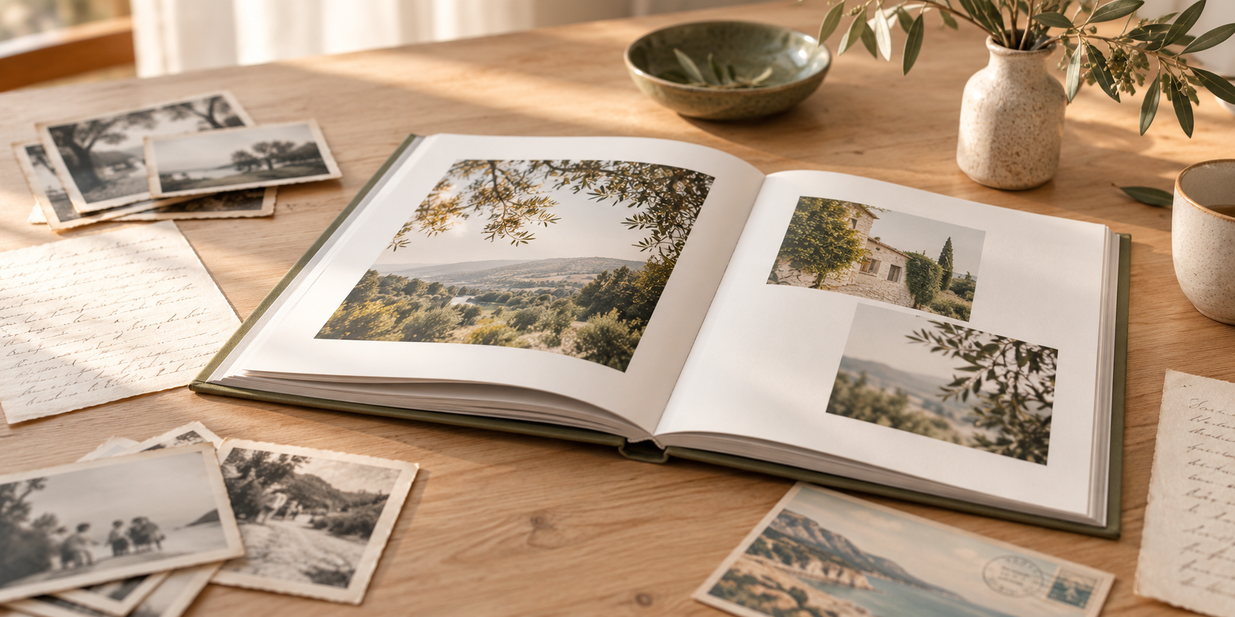 Livre familial ouvert, photographies anciennes et lettres sur une table claire